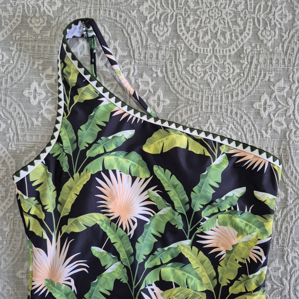 Tropical Palm Leaf One Shoulder One Piece Swimsuit Green Black Scalloped Size M - Picture 2 of 8